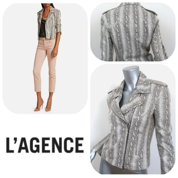 L'Agence lamb Leather snake Embossed moto womens jacket $1695